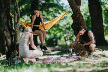 Naklejka premium Three young friends rest during a hiking break in a shaded forest clearing. They sit on a picnic blanket and a hammock while checking gear and enjoying nature.