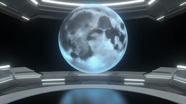Futuristic Sci-Fi Astronomy Lab with Floating Moon Hologram and Blue Neon Lights Seamless Loop Full HD
