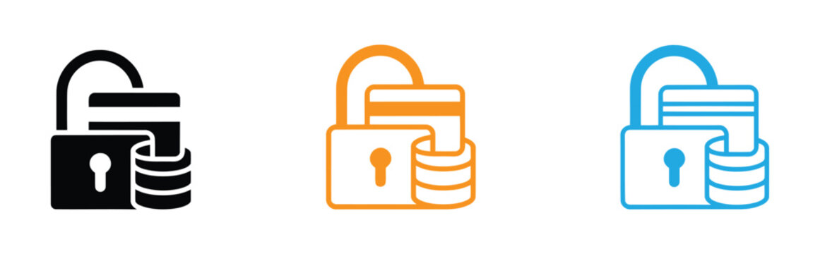 Secure database storage icon set, protected server data concept, digital privacy lock sign, flat vector illustration on transparent background design.