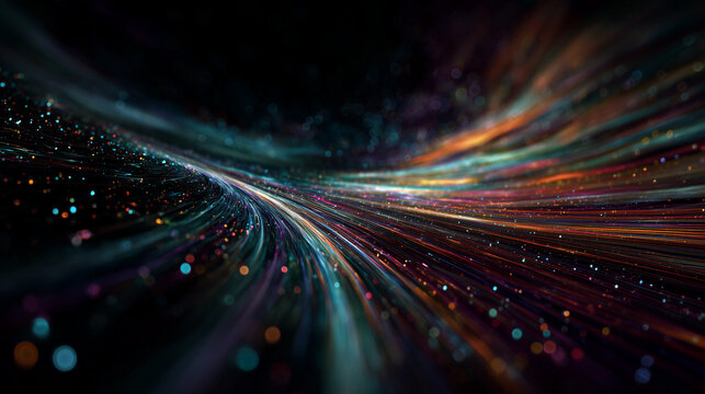 Abstract futuristic neon light trails warped in space time continuum background