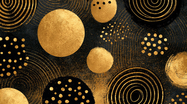 Luxury abstract geometric background with hand drawn golden circles and dots on dark texture