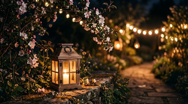 Wooden lantern with glowing candle on stone wall in night spring garden