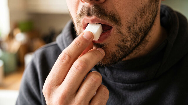 Close-up of a young man hesitantly putting a sugar cube into his mouth. Sweet tooth and strong sugar craving concept