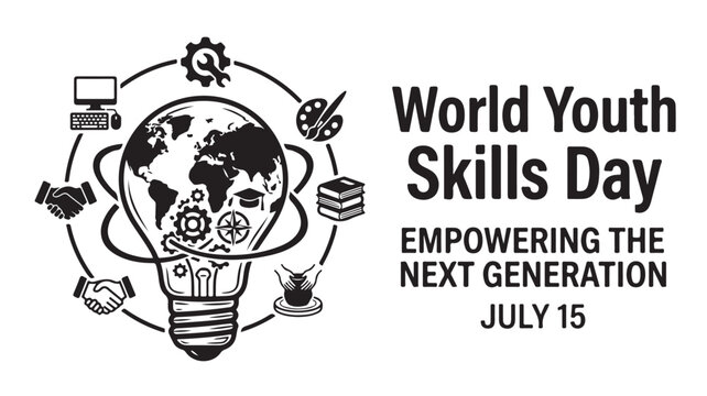 World Youth Skills Day banner, empowering the next generation July 15 concept, global education and vocational training lightbulb vector illustration