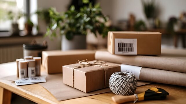 Minimalist workspace featuring wrapped parcels  twine  labels  and wrapping paper on wooden surface near plants