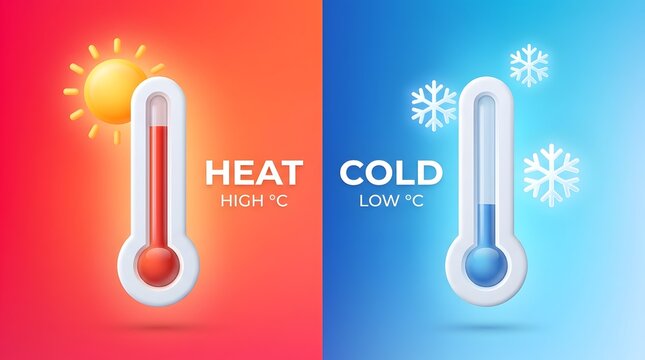 3D illustration of hot and cold thermometers with sun and snowflakes representing extreme high and low temperatures and climate contrast.