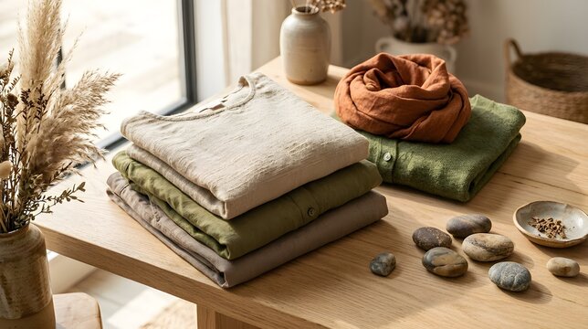 Tumpukan Pakaian Bahan Linen Katun Organik dengan Warna Estetik yang Estetis dan Alami