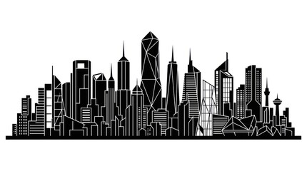 Naklejka premium Minimalist black silhouette of modern city skyline with tall office buildings and towers.