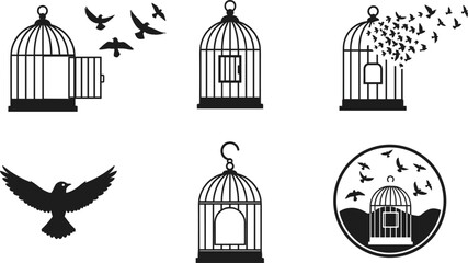 Birdcage vector icon set with black silhouette open cage and flying birds for freedom designs © MdAungur