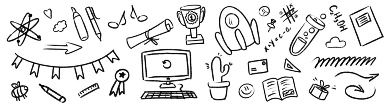 School science doodles on white background. Vector set of education banner pattern with hand drawn computer, chemistry, music and trophy icons, playful sketch elements for kids learning banner design