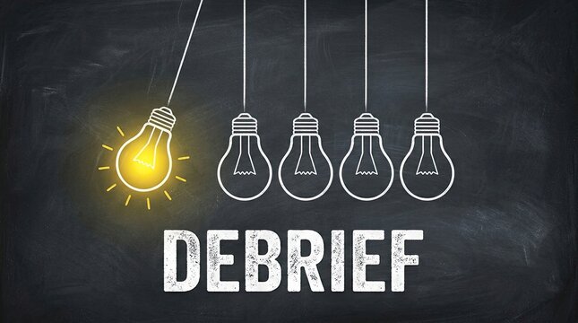 Debrief concept with glowing lightbulb and four blank bulbs on chalkboard
