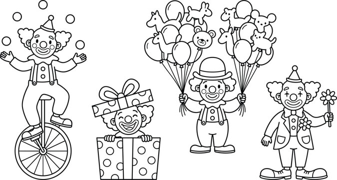 Cute cartoon clown coloring page vector set with funny juggling balloon and birthday gift characters