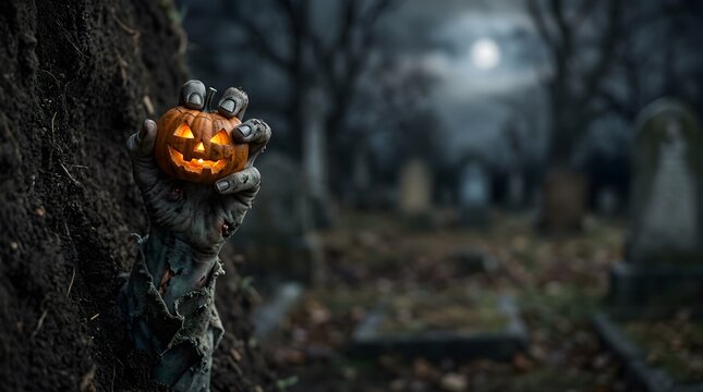 Zombie hand holding a glowing carved pumpkin in a dark graveyard at night
