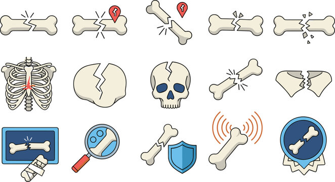 Broken bone fracture vector icon set with medical xray skeletal injury skull and trauma elements
