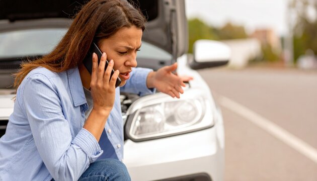 Worried young woman talking mobile phone smartphone call breaking accident car