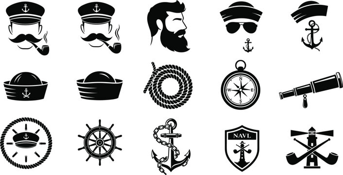 Nautical captain vector icon set with marine sailor anchor compass and lighthouse silhouette elements