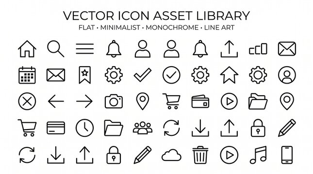 A comprehensive collection of minimalist black line art vector icons for modern user interface and web design projects