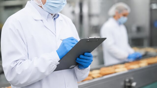 Close-up view of inspector in white coat, hairnet, mask and blue nitrile gloves writing notes on clipboard beside moving conveyor with baked goods inside bright food processing plant