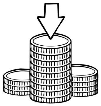 Stack of coins with downward arrow illustration representing financial loss or expense