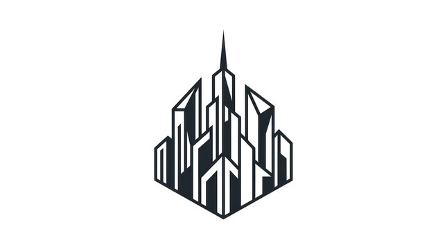 Monochromatic isometric logo design of city skyline with pointed needle spire silhouette.