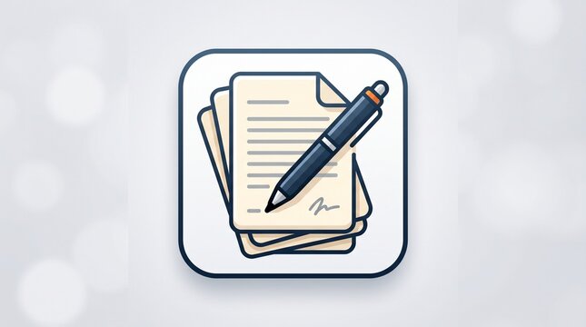 A minimalist flat vector icon featuring a stack of paper documents and a fountain pen on a soft light background