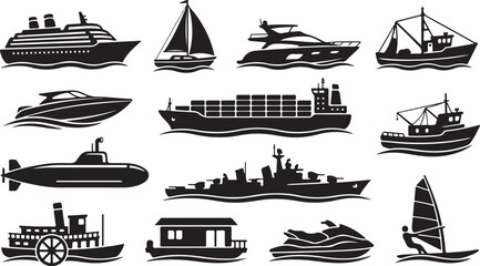 A collection of black silhouette depicting various maritime vessels, including a cruise ship, sailboat, yacht, cargo ship, submarine, warship, paddle steamer, houseboat, jet ski, and windsurfer © MdAbu