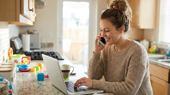 Working mom on laptop while talking on phone at home
