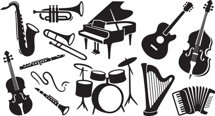 Collection of black silhouette musical instruments including a grand piano, saxophone, trumpet, violin, double bass, acoustic guitar, drum kit, harp, accordion, trombone, flute, and clarinet © MdAbu