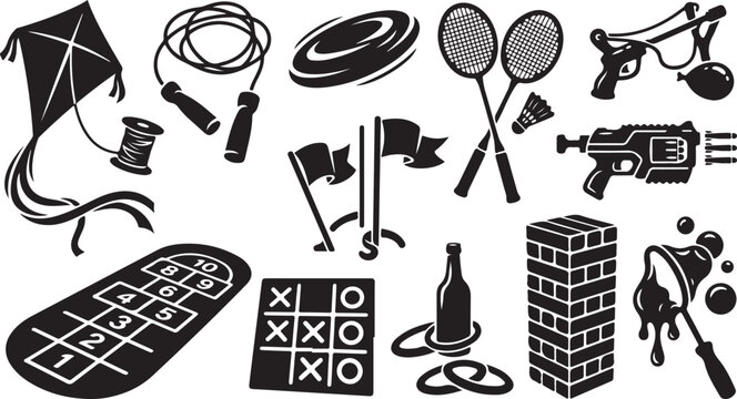 Collection of black and white featuring classic childhood games, outdoor activities, and recreational toys including a kite, jump rope, badminton rackets, hopscotch, and a block tower
