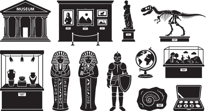 Collection of black museum featuring a building, gallery, dinosaur skeleton, egyptian sarcophagi, medieval knight armor, globe, ancient pottery, and fossilized ammonite artifacts
