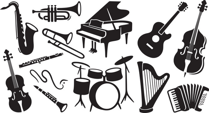 Collection of black silhouette musical instruments including a grand piano, saxophone, trumpet, violin, double bass, acoustic guitar, drum kit, harp, accordion, trombone, flute, and clarinet