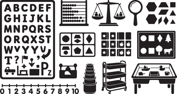 Educational set featuring an alphabet chart, abacus, balance scale, magnifying glass, geometric shapes, number line, stacking cups, storage cart, and a sensory water table with toys