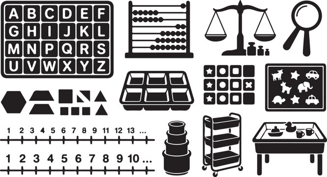 Educational classroom set featuring an alphabet grid, abacus, balance scale, magnifying glass, geometric shapes, number lines, sorting tray, storage cart, and a children's sensory water table
