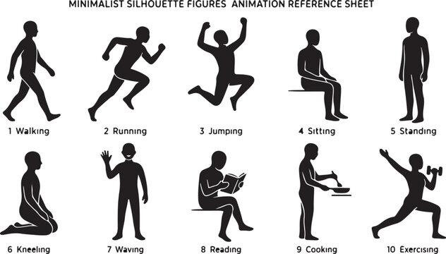 Minimalist black silhouette figures reference sheet showing ten human actions including walking, running, jumping, sitting, standing, kneeling, waving, reading, cooking, and exercising with dumbbells