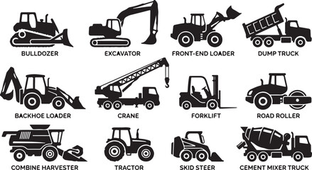 Obraz premium Set of black silhouette featuring construction and agricultural machinery including a bulldozer, excavator, dump truck, crane, forklift, road roller, combine harvester, tractor, and cement mixer