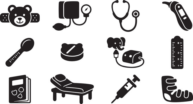 Set of black medical featuring a teddy bear bandage, pressure cuff, stethoscope, digital thermometer, medicine spoon, pill, elephant nebulizer, height chart, medical record, exam table, syringe