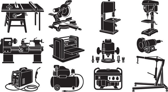 Set of black silhouette featuring industrial power tools and workshop machinery, including a table saw, miter saw, drill press, lathe, thickness planer, wood router, welder, and engine hoist