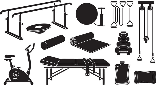 Set of black silhouettes of physical therapy and rehabilitation equipment, including parallel bars, exercise ball, foam roller, yoga mat, dumbbells, stationary bike, and treatment table
