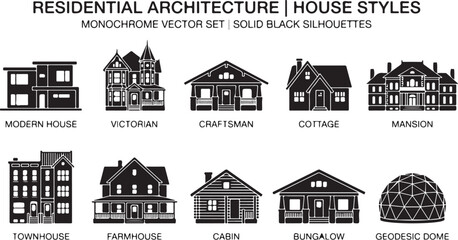 Obraz premium Set of ten solid black silhouette representing various residential architectural house styles including victorian, craftsman, modern, mansion, townhouse, farmhouse, cabin, bungalow, and geodesic dome