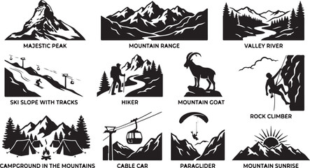 Set of twelve black and white mountain adventure featuring peaks, a valley river, a ski slope, a hiker, a mountain goat, a rock climber, a campground, a cable car, a paraglider, and a sunrise © MdAbu
