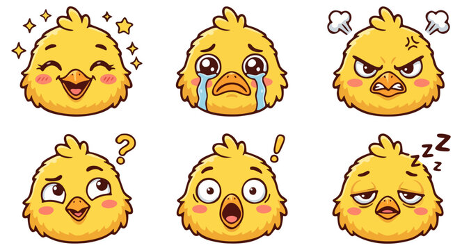 Cute yellow chick cartoon emoticon set with sparkle stars and steam breath expressions vector illustration isolated on white background