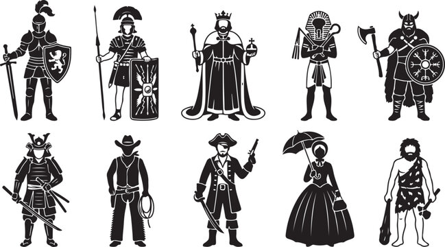 Set of ten black and white historical character silhouettes including a medieval knight, roman centurion, king, egyptian pharaoh, viking warrior, samurai, cowboy, pirate, victorian lady, and caveman