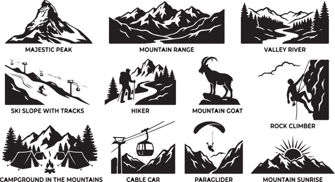 Set of twelve black and white mountain adventure featuring peaks, a valley river, a ski slope, a hiker, a mountain goat, a rock climber, a campground, a cable car, a paraglider, and a sunrise