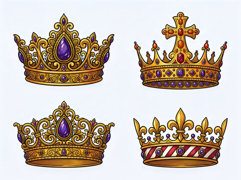 Set of four ornate royal crowns