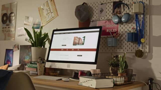 No people shot of desktop computer displaying university website sitting on organized student desk in bedroom. For higher education marketing, online learning promos, and college enrollment campaigns