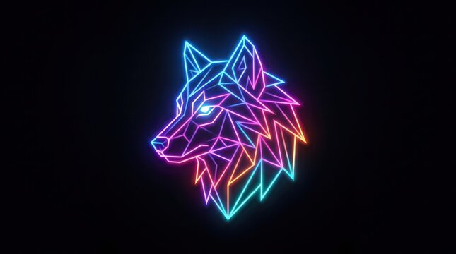 Neon wolf head portrait in colorful geometric low poly style isolated on black backdrop.