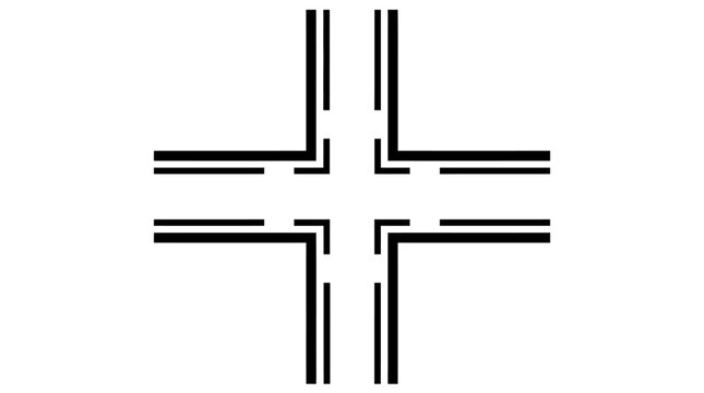 Minimalist black and white graphic cross symbol composed of bold parallel lines creating a sharp modern geometric shape design aesthetic