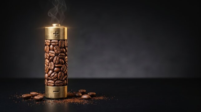 Conceptual battery symbol filled with roasted coffee beans, representing natural energy and caffeine boost
