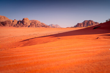 Wadi Rum desert landscape with majestic rock formations, Jordan. The most beautiful wild landscapes in the Middle East.