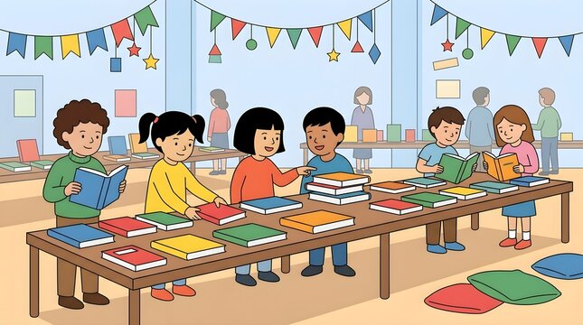 Happy elementary school children browsing colorful books together at a school book fair. Educational illustration featuring reading, literacy, learning, and collaborative classroom activities in a bri